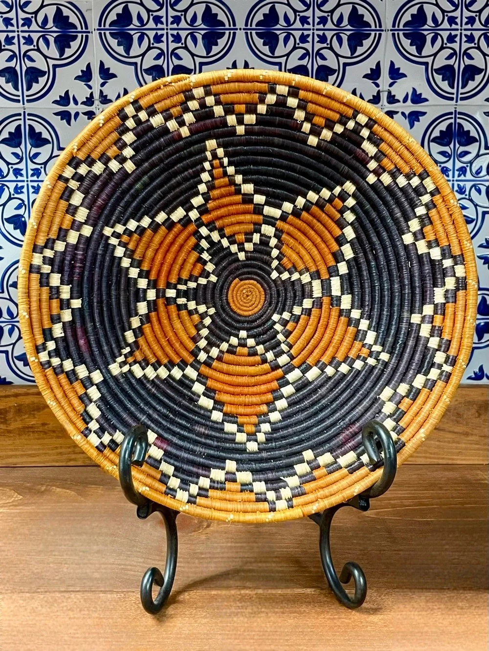 Vtg Handwoven Basket Bundle of 2 Sweetgrass Geometric Star Folk Art Boho Deco